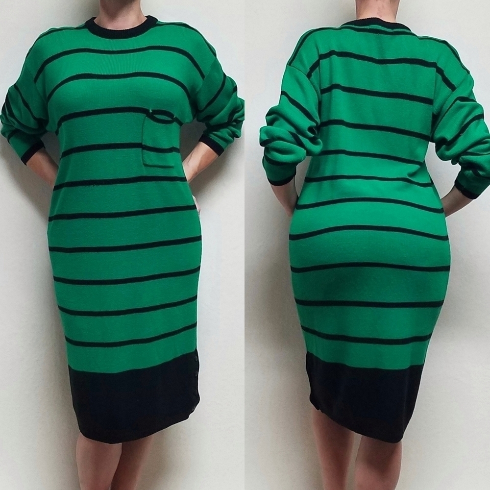 80s Vintage Prestige Global Black Green Striped Side Button Midi Sweater Dress L